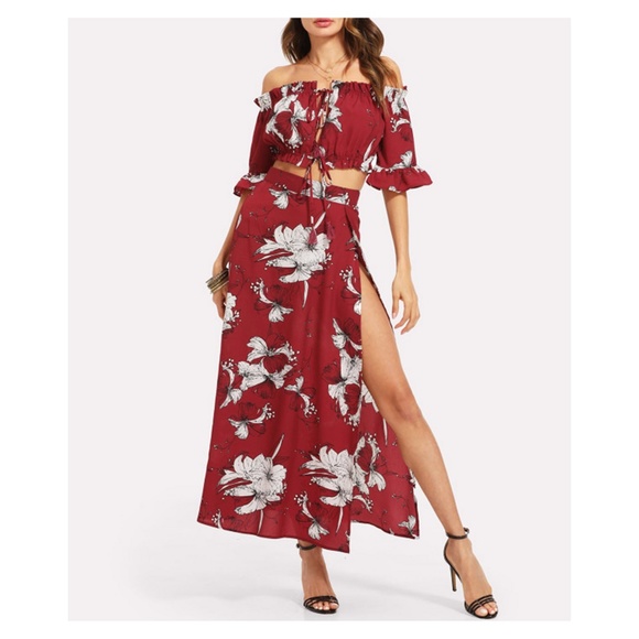 MBM Unlimited Dresses & Skirts - Red Floral Off the Shoulder Crop Top Skirt Set